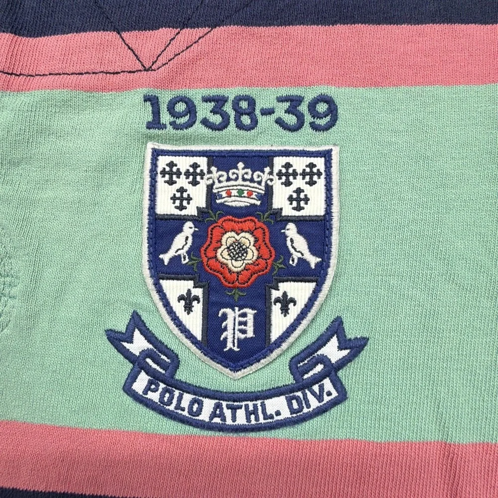 Polo Ralph Lauren Rugby Shirt Green Pink Navy Striped Crest Embroidered S / M